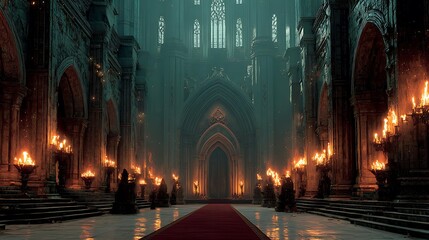 Dramatic gothic interior with burning torches high resolution image