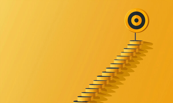Coins stacked in a staircase leading to a target on a yellow background, symbolizing financial goals.