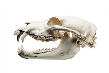 Naklejka premium Dog skull and jaw with detailed features isolated on a white background showcasing unique anatomical characteristics