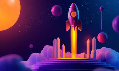 A rocket launches into a vibrant, colorful space scene with planets and glowing structures.