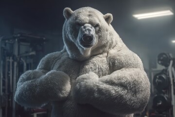 Muscular polar bear bodybuilder showcasing strength in gym at night