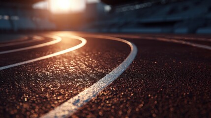 A close-up view of a running track, illuminated by sunset, showcasing the textured surface and white lane markings.