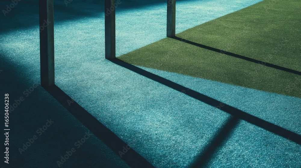 Poster an abstract image showcasing geometric shapes, shadows, and contrasting colors on a textured surface