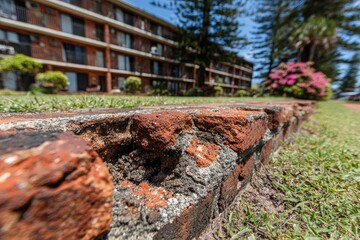 Brick wall, cracked, overgrown.  Apartment building background