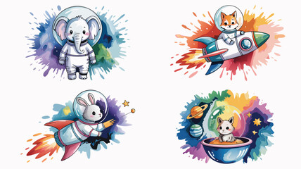Fototapeta premium Cartoon Astronaut Animals Collection Elephant, Fox, Rabbit, and Cat in Space Adventures
