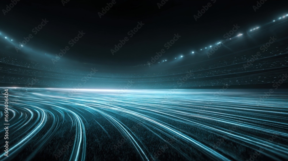 Poster a futuristic view of a stadium illuminated with blue light trails, creating a dynamic and abstract a