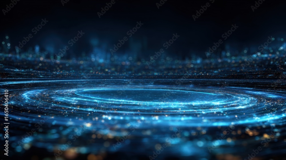 Poster a mesmerizing, abstract representation of swirling blue lights creating a dynamic circular pattern a