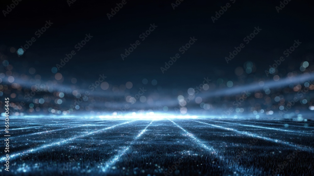 Poster a futuristic digital landscape featuring glowing grid lines and a dark background, creating an immer
