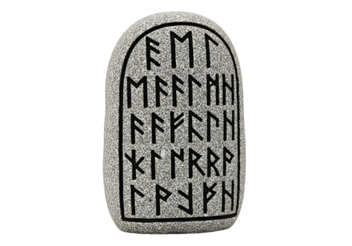 Grey stone monument with ancient runic script.