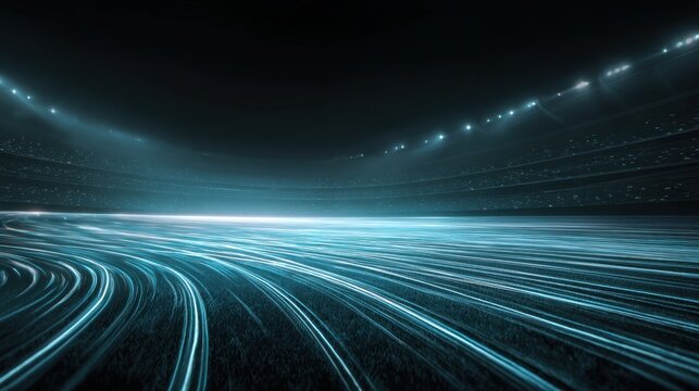 A futuristic view of a stadium illuminated with blue light trails, creating a dynamic and abstract atmosphere.