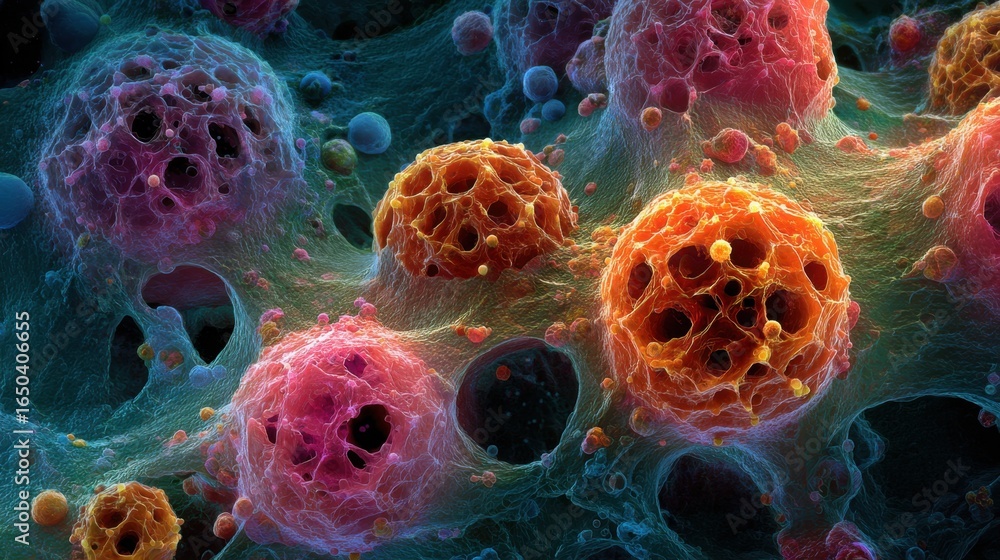 Poster a vibrant micrograph depicting colorful cellular structures with intricate details, showcasing the c