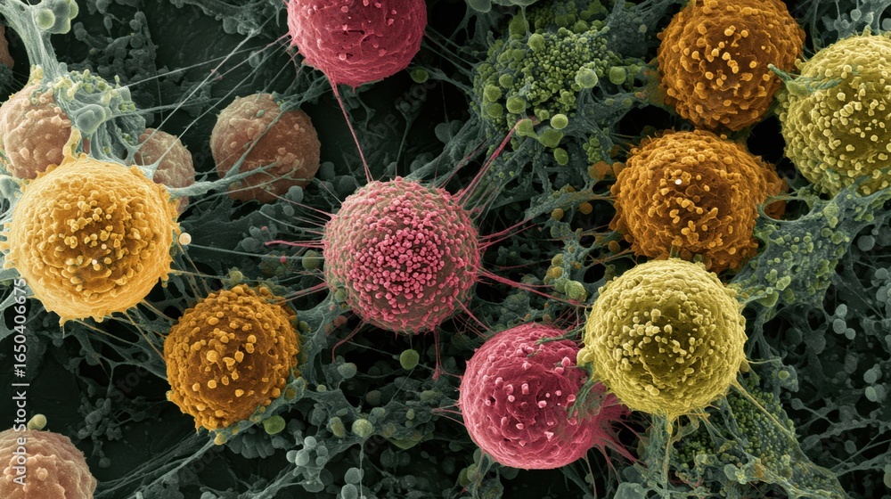 Poster an intricate, colorful microscopic view of various cells, showcasing their unique shapes and structu