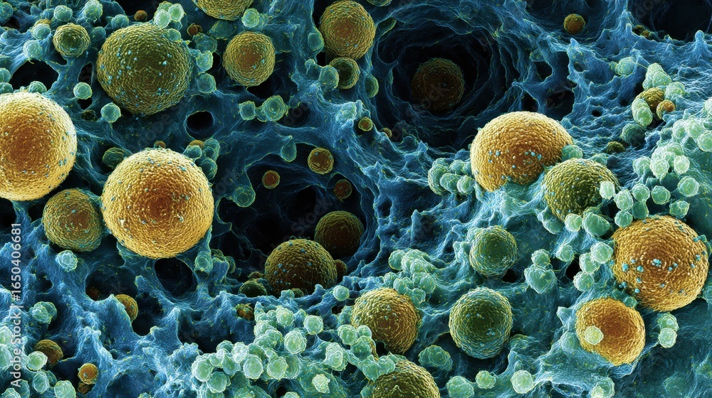Poster a vibrant microscopic view showcasing various bacteria and cells, highlighting their intricate struc