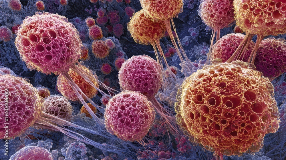 Poster a vibrant close-up of cell structures, showcasing intricate details and colors, depicting the microc