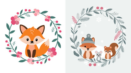 Obraz premium Cartoon Fox, Squirrel and Mouse in Wreaths with Flowers and Winter Foliage