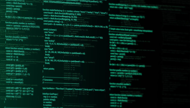 multiple panes of glowing green programming code on a dark screen. 