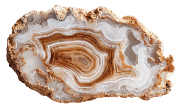 Close-up of a polished agate slice.  Irregular, light-tan, outer edges.  Intricate, swirling, creamy-white and tan bands within
