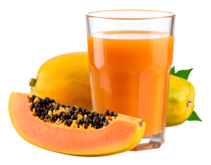 Papaya juice with ice in a clear glass isolated on transparent background