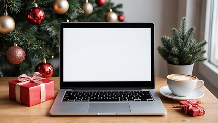 Laptop with blank screen showing Christmas mockup near decorated tree, gifts and cappuccino is waiting for user