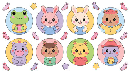 Fototapeta premium Cute Animal Character Set Featuring Bears, Rabbits, Hippopotamus, and Frog With Accessories Illustration