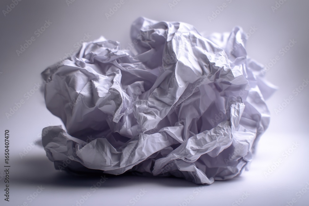 Poster crumpled white paper resting on a flat surface in a well-lit indoor setting, capturing the texture a