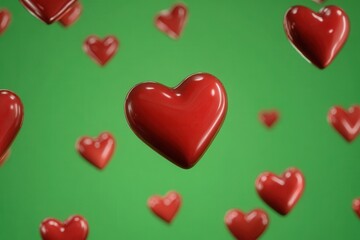 Floating red hearts on vibrant green background create a cheerful and romantic atmosphere perfect for celebrations and festive occasions