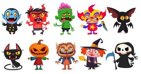 Cartoon set of Halloween characters design. Vector mummy zombie vampire ghost grim reaper devil werewolf witch pumpkin head. For party decoration or package design