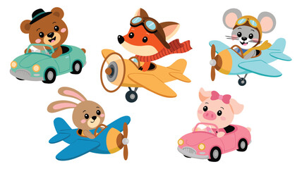 Cute Cartoon Animals Flying Airplanes and Driving Cars Bear, Fox, Mouse, Bunny, and Pig