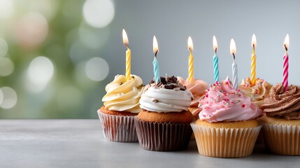 Colorful Cupcakes with Candles on a Festive Background for Celebration Party