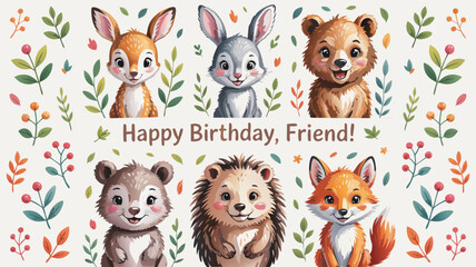 Obraz premium Cute Cartoon Animals Wish Happy Birthday Friend Among Leaves and Berries on Cream Background
