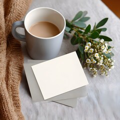 Cozy coffee moment with minimalist greeting card and flower bouquet