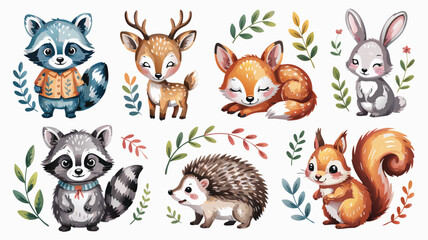Cute Watercolor Forest Animals Raccoon, Deer, Fox, Rabbit, Hedgehog, and Squirrel Illustration Set