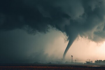 Obraz premium Huge dangerous summer tornado forming over open landscape during late afternoon with dark storm clouds and nearby power lines