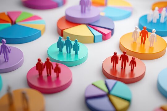 Colorful pie charts and figures illustrating market segmentation during a business analysis session