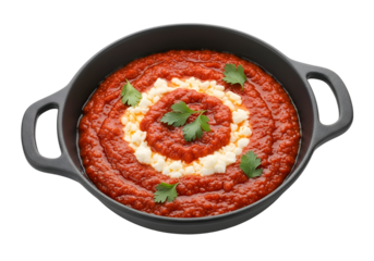 Red sauce in a pan with garnish.