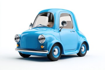 Cute small blue car isolated on white background, showcasing its charming design and inviting features, perfect for a unique display or creative project