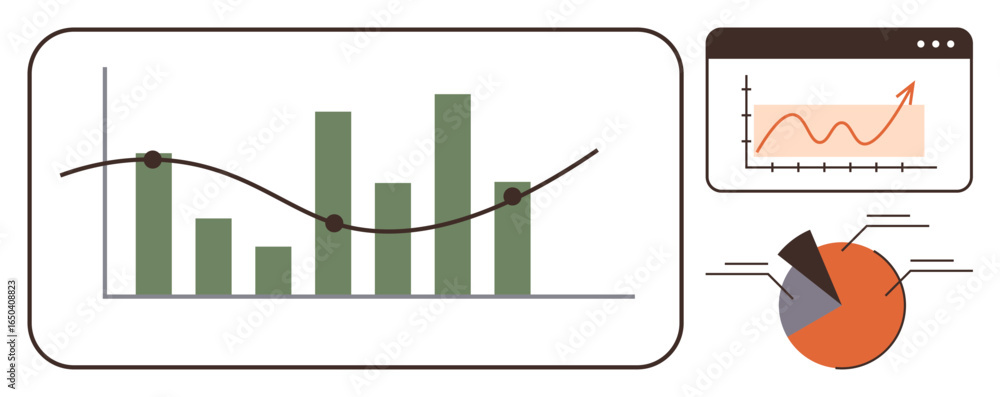 Poster green bar graph with trend line, pie chart with segmented data, and orange line graph in browser win