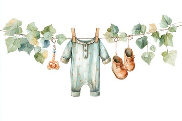Cute watercolor illustration of baby clothing and accessories hanging on a clothesline surrounded by soft green leaves