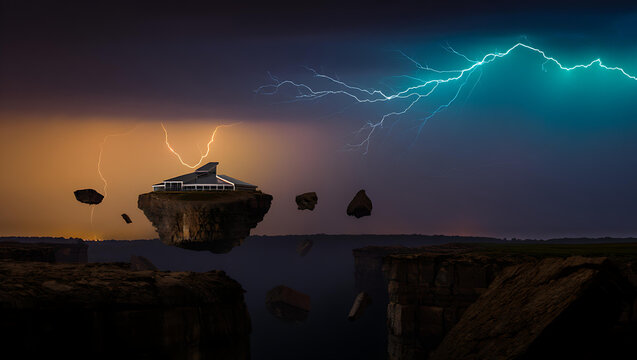 Floating island with modern building during lightning storm modern architecture thunderstorm