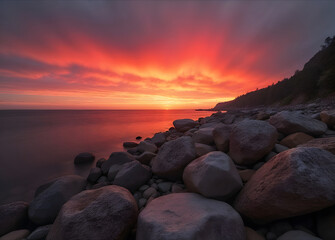 a vibrant sunset over a calm sea, with a rocky shoreline in the foreground. The sky is ablaze with red and orange hues, reflecting in the water.