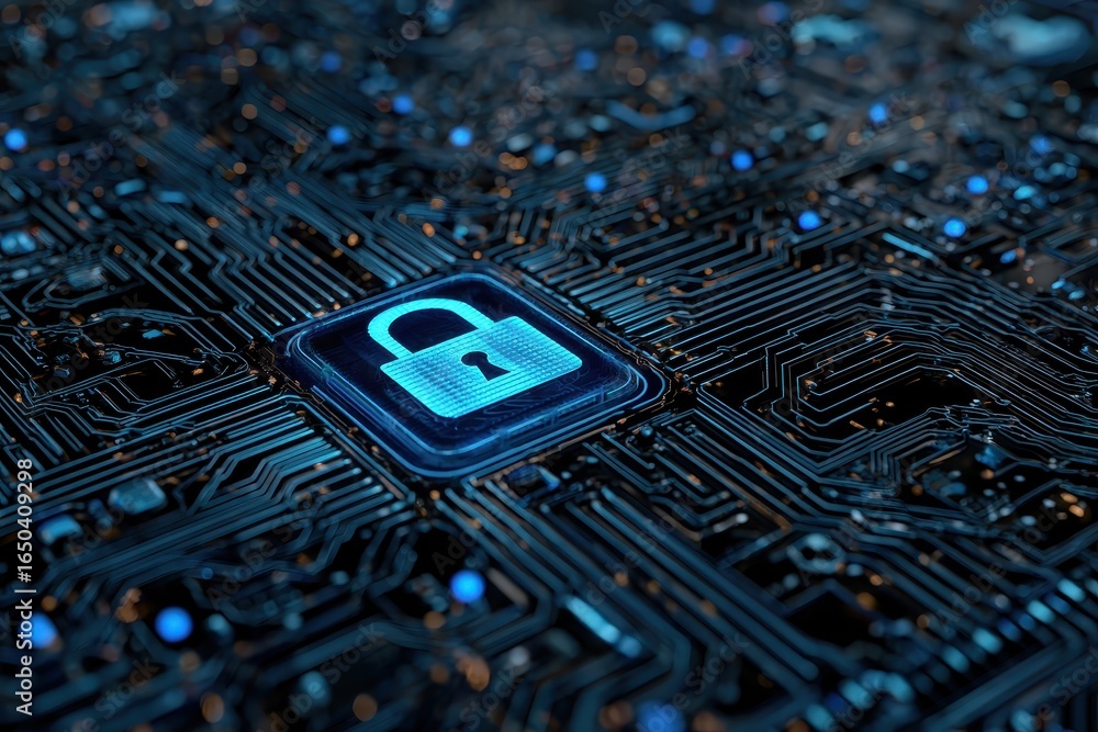 Poster digital abstract technology background featuring a circuit board design with a lock symbol represent