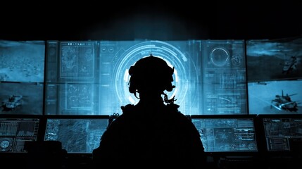 Military soldier in command center with multiple monitors