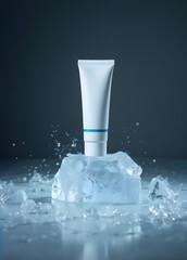 A white cosmetic tube with a blue stripe rests on a block of ice, with water droplets around it. The background is a dark, cool-toned gradient.