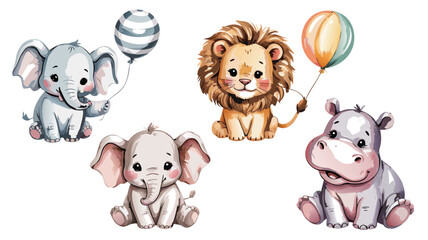 Watercolor Illustration of Baby Animals Elephants, Lion, and Hippo with Balloons Isolated on White