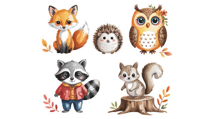 Obraz premium Watercolor Illustration of Cute Cartoon Animals Fox, Hedgehog, Owl, Raccoon, and Squirrel