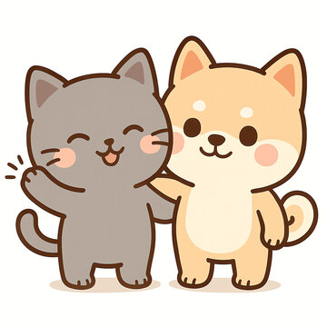 Cute cartoon cat and Shiba Inu dog are best friends, hugging and waving in a friendly vector illustration