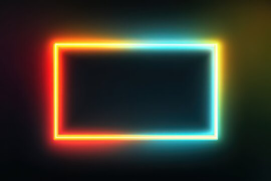 Colorful neon rectangle frame illuminated against a dark background creating a vibrant focal point for artistic expression and creative designs during nighttime events