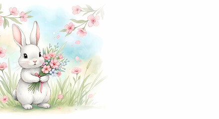 Obraz premium Watercolor white rabbit with bouquet of spring flowers on pastel background