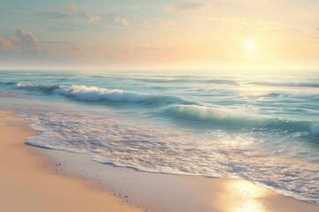 Gentle waves lap against the soft sand under the warm sun at a tranquil beach, as the day begins with a golden glow and serene atmosphere