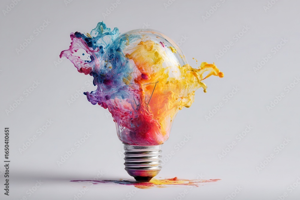 Poster exploding light bulb concept with vibrant colors illustrating creativity and innovation in a dynamic